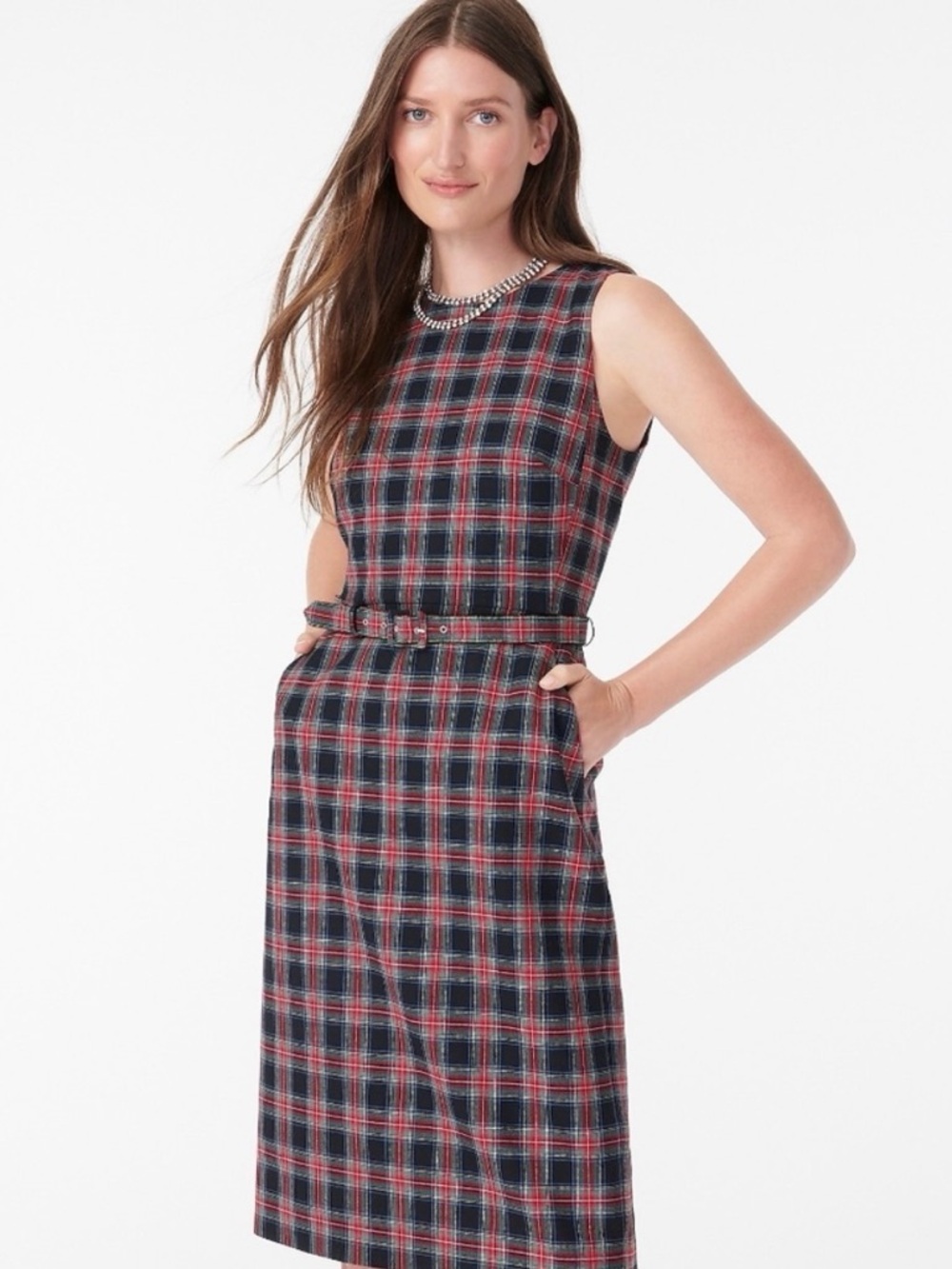 J. Crew Plaid Belted Midi Dress in Red & Black